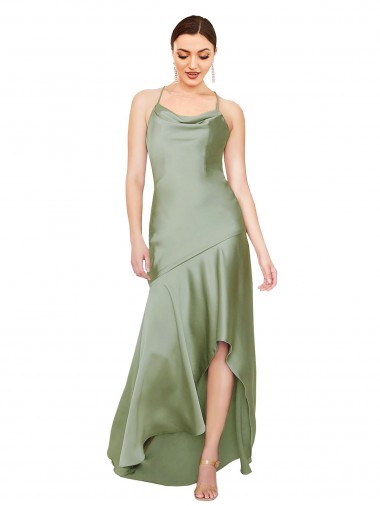 Vert fumée Trapèze Satiné Soyeux Longue Asymétrique Formelles Robes demoiselle d'honneur / Robes de soirée / Robes de bal à Bas Prix