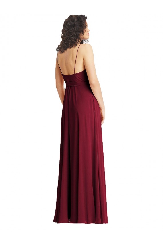 Vert fumée Trompette Bretelles spaghetti Col V Mousseline Longue Formelles Robes demoiselle d'honneur / Robes de soirée à Bas Prix