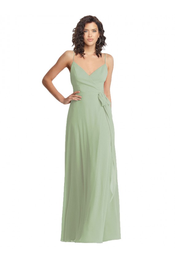 Vert fumée Trompette Bretelles spaghetti Col V Mousseline Longue Formelles Robes demoiselle d'honneur / Robes de soirée à Bas Prix