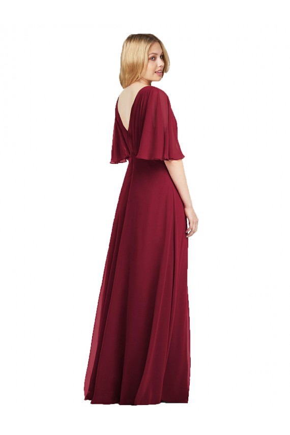 Vert fumée Trompette Col V Mousseline Longue Robes demoiselle d'honneur à Bas Prix