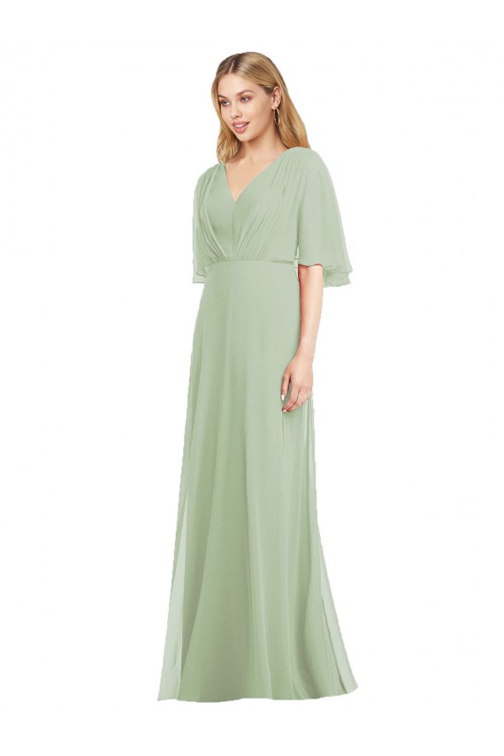Vert fumée Trompette Col V Mousseline Longue Robes demoiselle d'honneur à Bas Prix