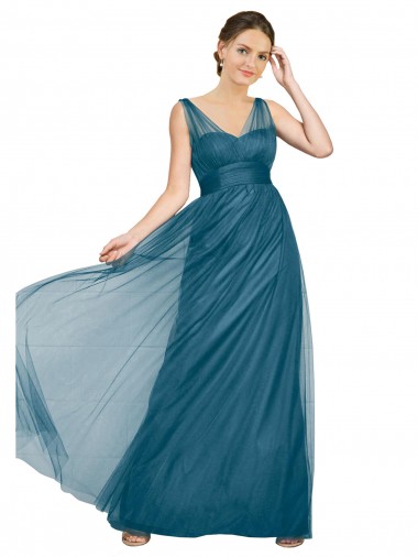 Vert sarcelle Trapèze Col V Tulle Longue Robes demoiselle d'honneur à Bas Prix