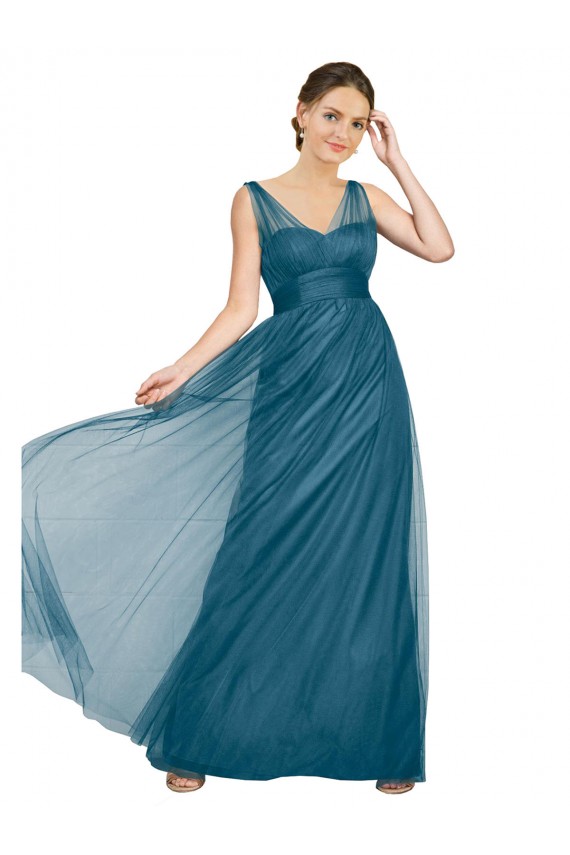 Vert sarcelle Trapèze Col V Tulle Longue Robes demoiselle d'honneur à Bas Prix