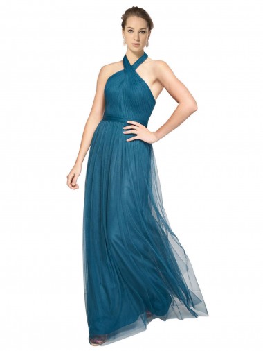 Vert sarcelle Trapèze Licou Col Haut Tulle Longue Robes demoiselle d'honneur à Bas Prix