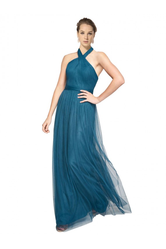 Vert sarcelle Trapèze Licou Col Haut Tulle Longue Robes demoiselle d'honneur à Bas Prix