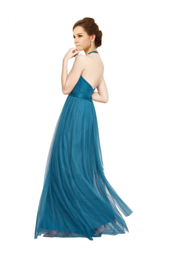 Vert sarcelle Trapèze Licou Col Haut Tulle Longue Robes demoiselle d'honneur à Bas Prix