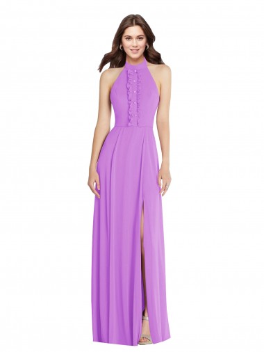 Violet Trapèze Licou Mousseline Longue Formelles Robes demoiselle d'honneur / Robes de soirée à Bas Prix