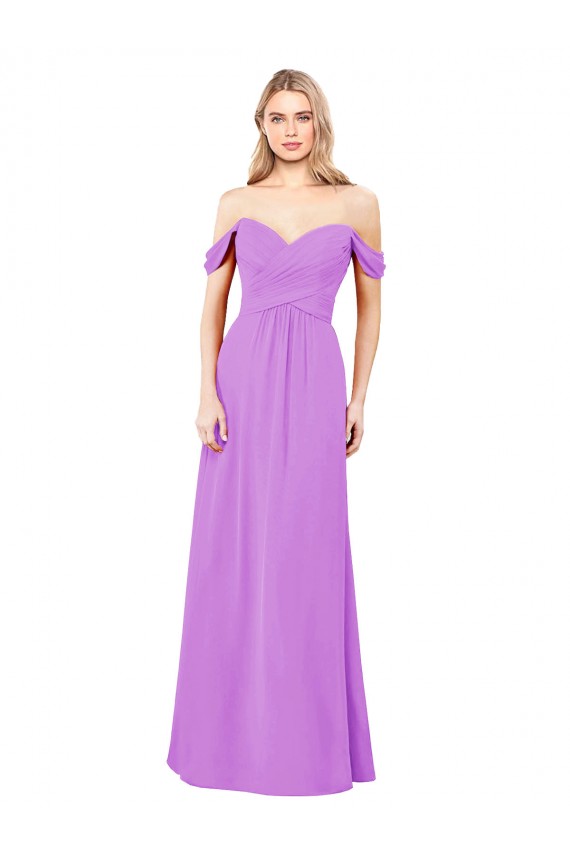 Violet Trapèze Épaule Dénudée Mousseline Longue Robes demoiselle d'honneur à Bas Prix